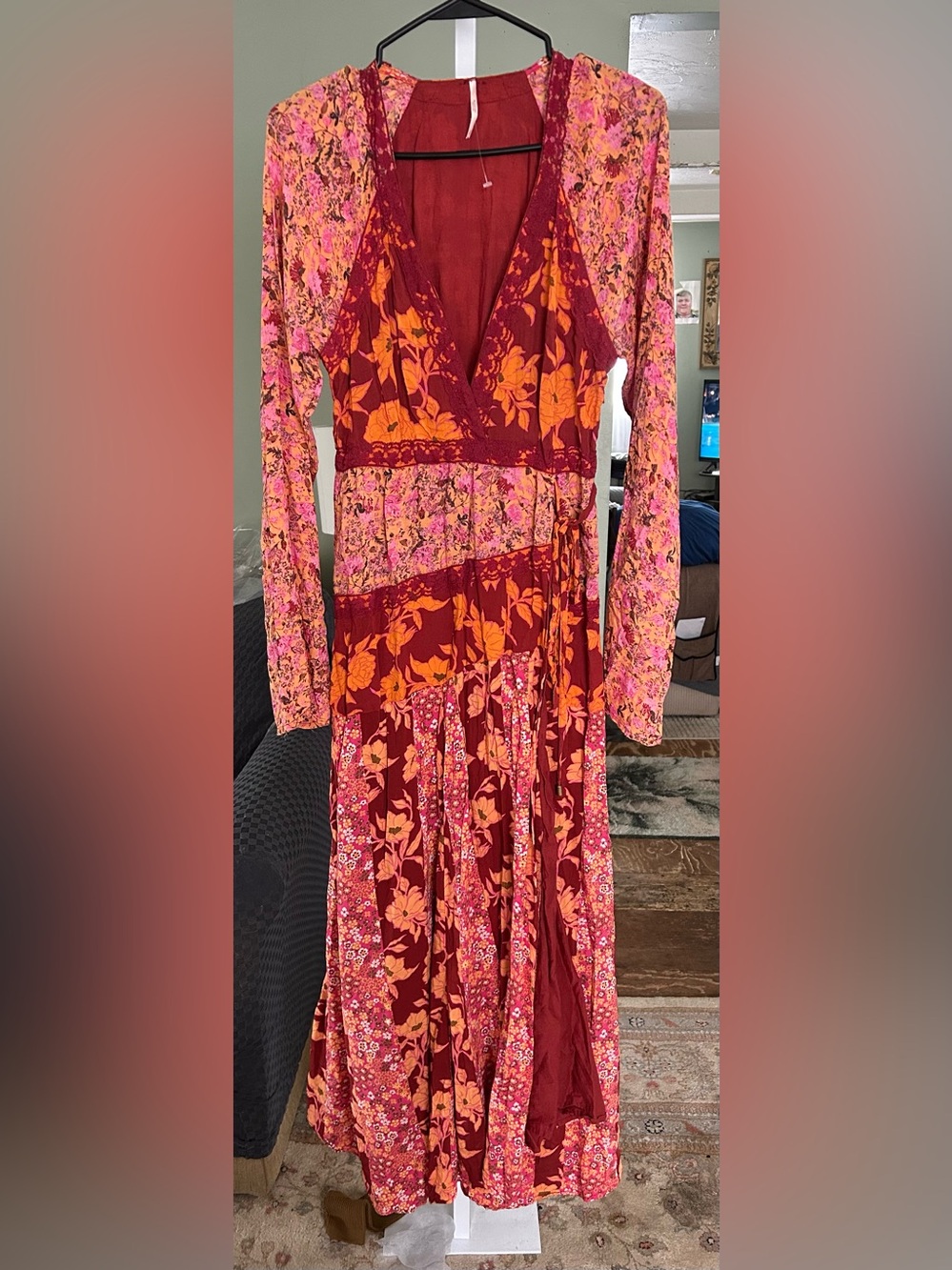 Free People Mixed Floral Wrap Dress in Red, Pink & Orange